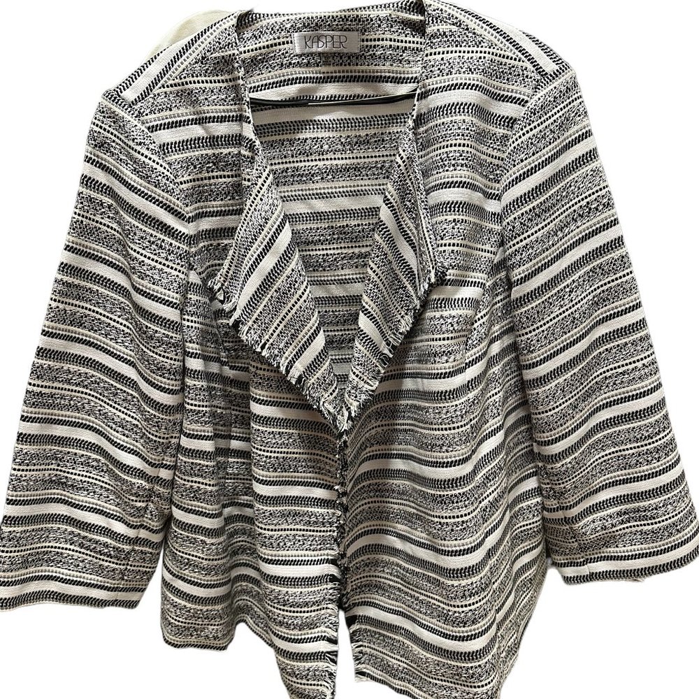 Kasper Blazer Jacket 2X Black White Women's Tweed Jacquard Fringe NEW